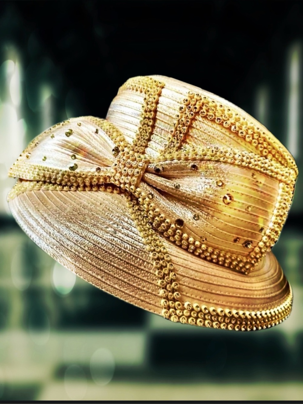 Swan Hat New York Cream colored with rhinestones.